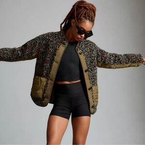 Scotch & Soda Olive Green Quilted Leopard-Print Jacket